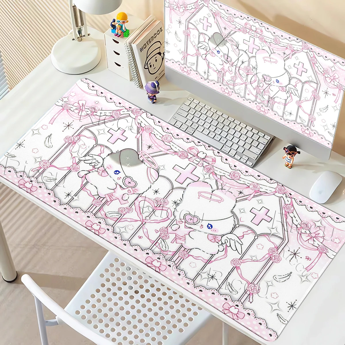 Pink Sweet Cute Kitten Rubber Mouse Pads Gamer Cabinets Desk Mat Kawaii Bunny Pad Computer Speed Type Carpet LockEdge Playmat XL