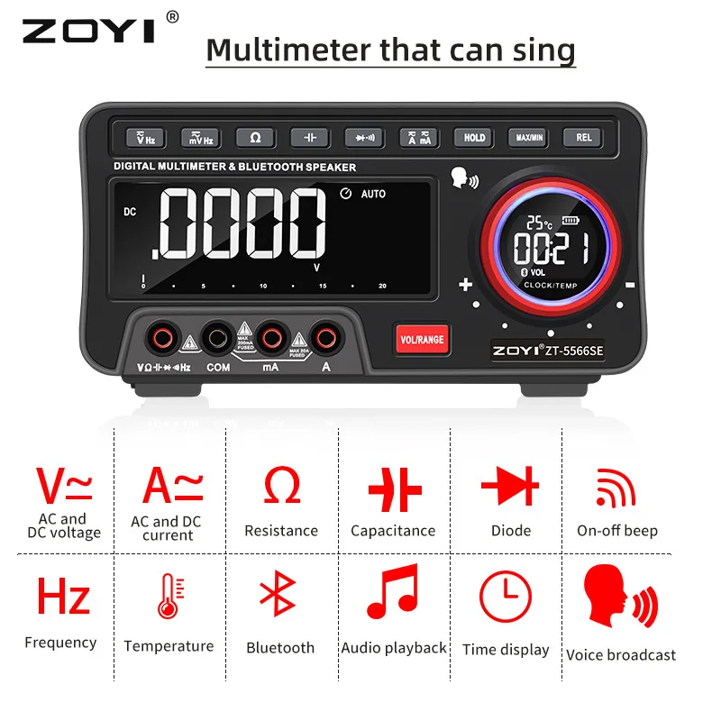 

ZOYI Wireless Bluetooth Speaker Digital Multimeter AC/DC Current Voltage Temp Meter Auto Range APP Multimetro Tools Alarm Clock