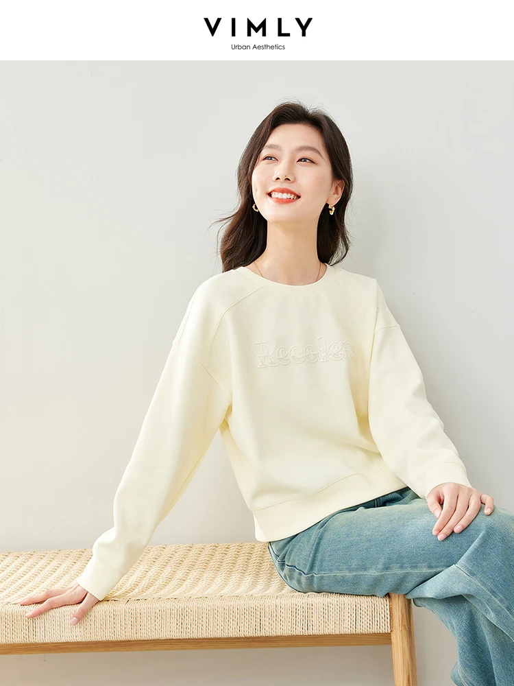 Vimly O-neck Drop Sleeve Sweatshirts Women\'s Long Sleeve Top 2024 Spring Fashion Casual Loose Letter Embroidery Pullovers M5202