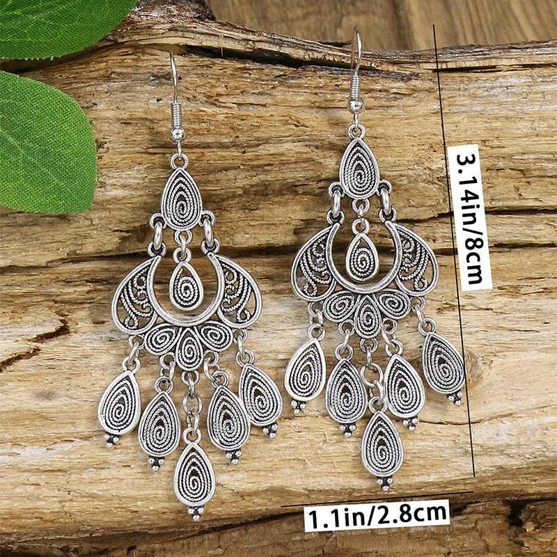 Vintage Ethnic Silver Color Round Water Drop Tassel Earrings for Women Boho Long Hollow Carved Dangle Earring Jewelry Brincos