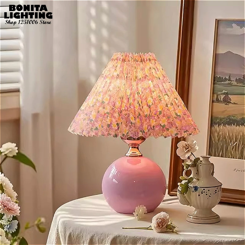 Pink Floral Ceramic Table Lamp French Vintage Girly Bedside Light Pleated Fabric Shade Remote Dimming for Living Room Decor