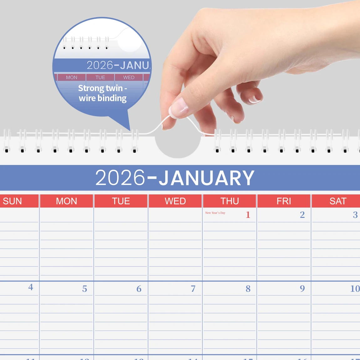 تقويم حائط A4 لعام 2026، يناير إلى ديسمبر، تخطيط شهري كبير، علامات العطلات، تصميم حلزوني سهل التعليق