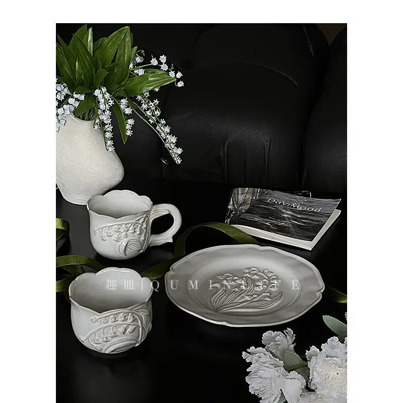 Relief Wind Chime Plate Ceramic Dinnerware Household Lily of The Valley Tableware Rice Bowl Coffee Mug Cup Noodle Bowl