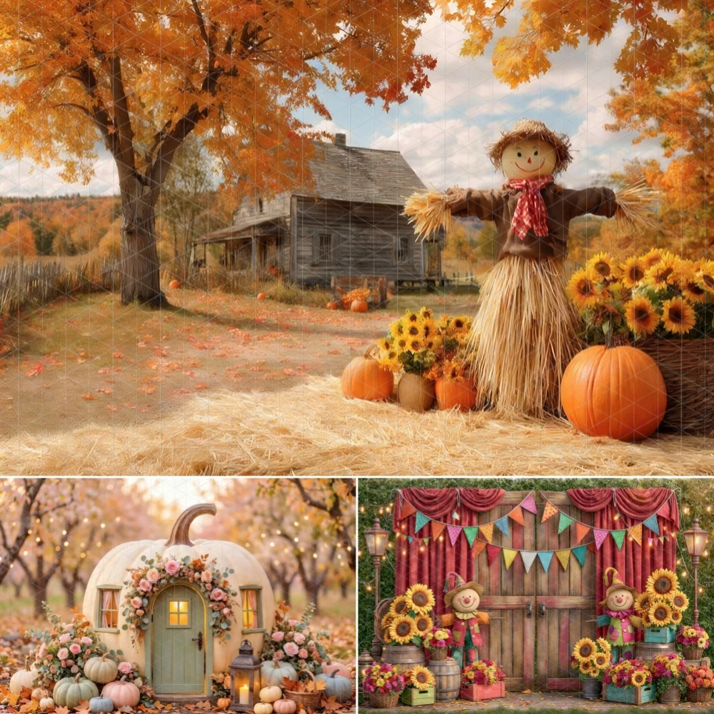 Harvest Thanksgiving Photography Background Rustic Autumn Farm Pumpkin Scarecrow Sunflower Baby Adult Portrait Decor Cloth