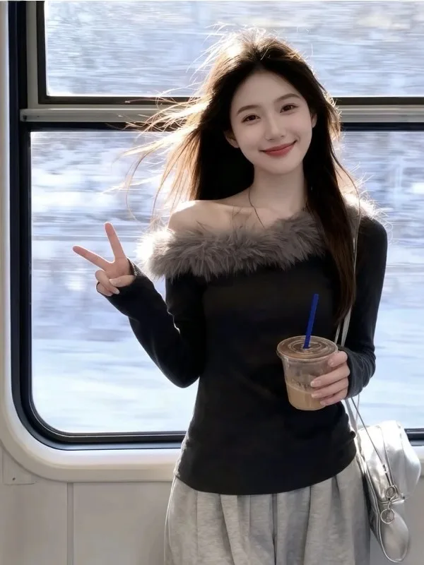 Top Coreano con Colletto in Pelliccia, Spalle Scoperte, Maniche Lunghe, Aderente, Autunno Inverno, Stile Hot Girl