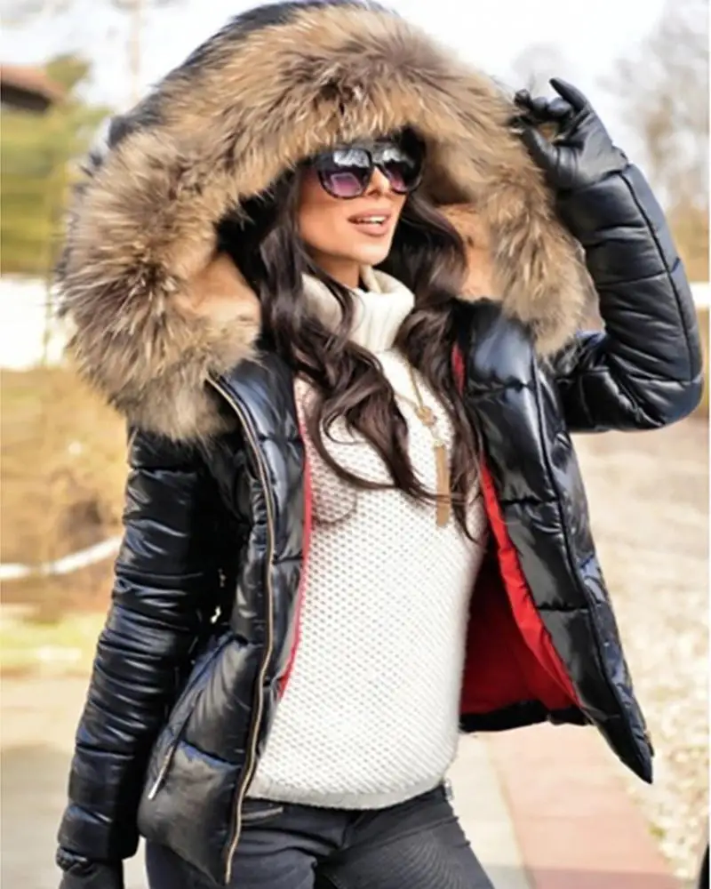 New Hood Solid Color Fur Hooded Jacket Autumn Winter New Women's Cotton-Padded Down Short Parka Coat Jacket Fashion Casual