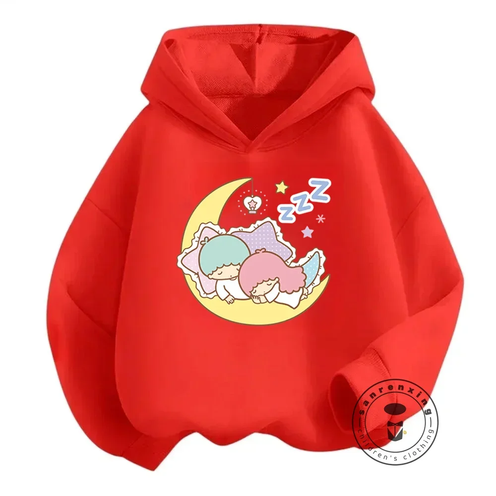 Cute Sanrio Little Twin Stars Kids Hooded Pullover Stylish Cartoon Emblazoned Garment for Autumn Winter Casual Outdoor Wear