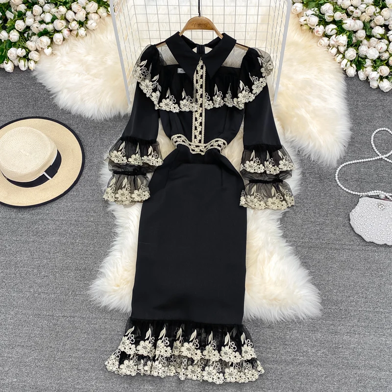 Retro Embroidery Flower Mermaid Dress Female Elegant Slim Ruffle Party Dresses Fashion Streetwear Autumn Midi Dress