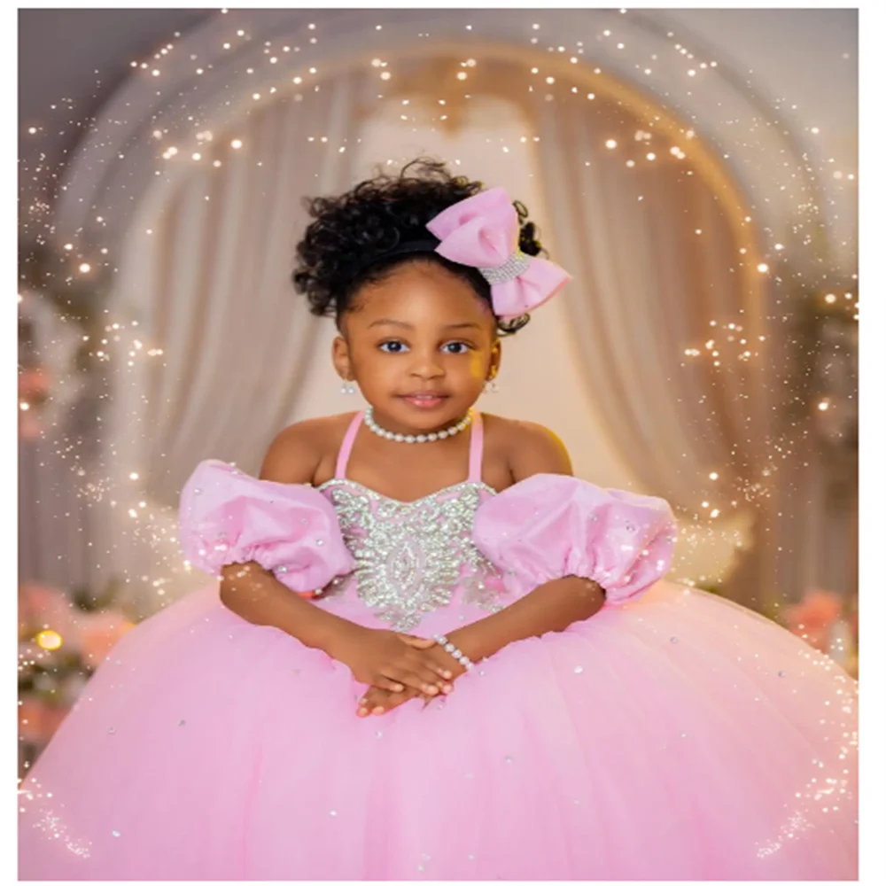 Flower Girl Dresses Blush Pink Spaghetti Neck Ball Gown First Communion Dress Birthday Photos Shoot Gowns for Party
