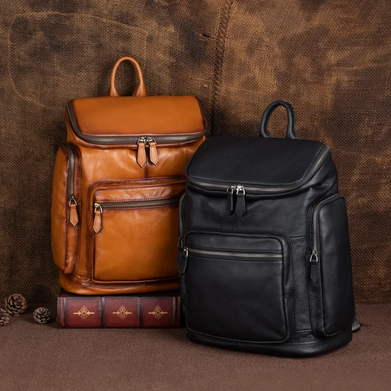 OYIXINGER New Casual Cowhide Men's Backpack Large Capacity Genuine Leather Schoolbag Vintage Fashion Solid Colour Travel Bag