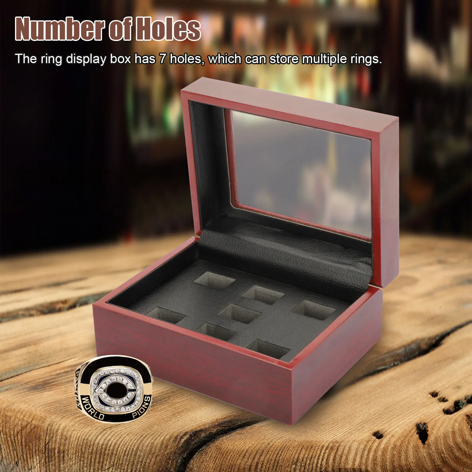 7 Hole Championship Ring Display Box Wide Slot Grids Wooden Collection Case Showcase  Jewelry Gift Storage Boxes Holder