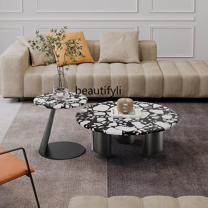 Modern simple light luxury marble coffee table living room round terrazzo small low table sofa edge table