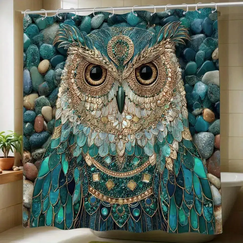 

Decorative Boho Owl Shower Curtain Teal Blue Nature Animal Stone Print Bathroom Decor Curtain Liner Woodland Art Home Decor