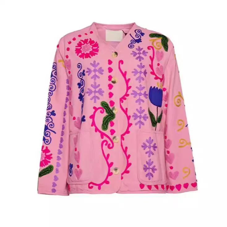스위트 슬레 롱 슬리브 프린트 재킷 싱글 버튼 핑크 패션 아우터웨어 여성용 코트 봄 2025 PU 소재