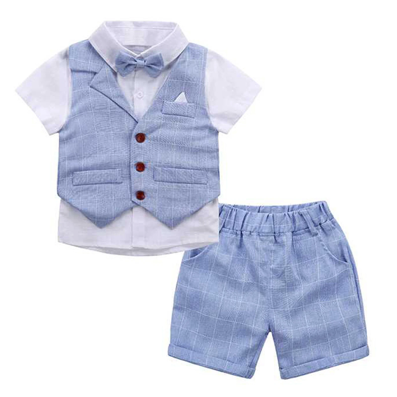 Little Boys Baby Formal Suits Wedding Gentleman Bow Tie Shirt Waistcoat Fake Two-Piece Tops with Shorts Gentleman Outfits