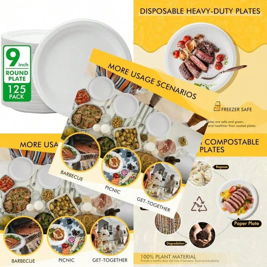 

Disposable Compostable Paper Plates Ch [125 Pack], Bagasse, Heavy-Duty Paper Plates, -Friendly, Made Of Natural Sugarcane Fiber