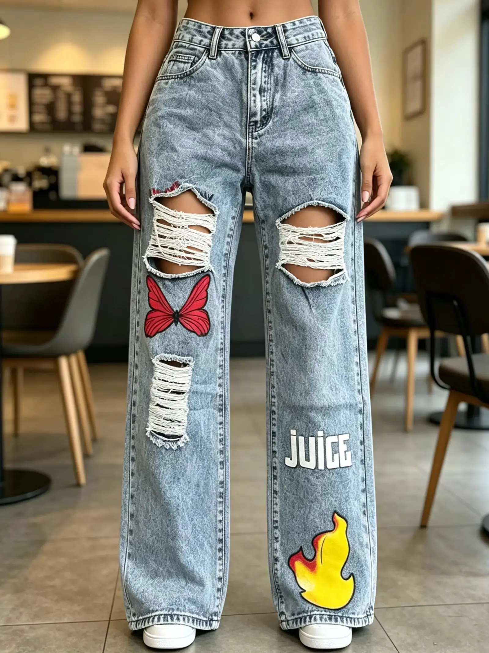 Women's Light Grey Vintage Straight Denim Pants High Waist Ripped Fringe Butterfly Flame JUICE Print Streetwear Casual Long Trousers Spring Autumn