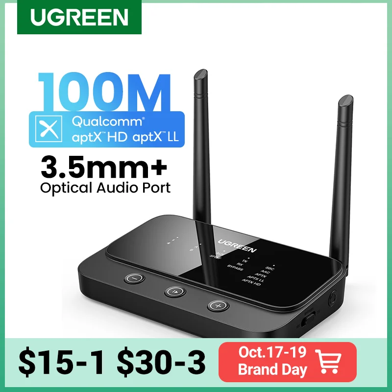 Top! UGREEN 100m Long Range Bluetooth 5.0 Transmitter Receiver AptX LL AptX HD Audio Adapter Wireless Audio Dongle for TV Home