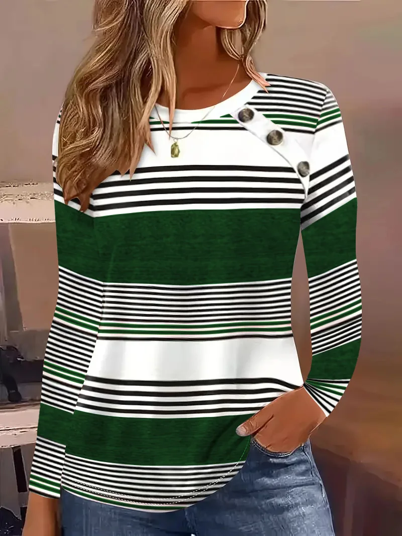 

2024 New Autumn Round Neck Long Sleeve Striped Button T-shirt Simple Fashion Women's Top