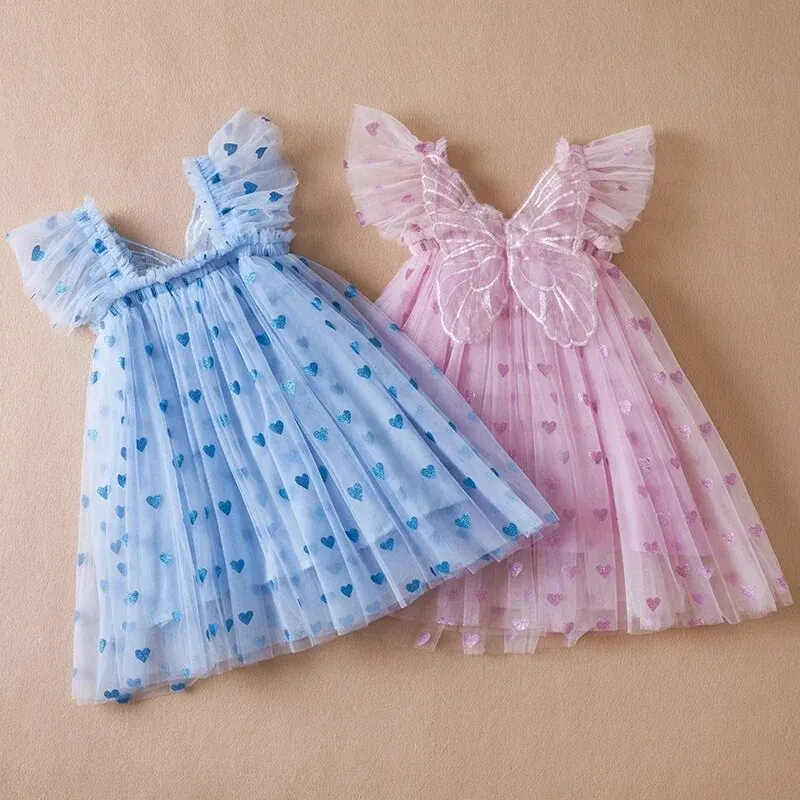 2024 Kinder kleid Mädchen Sommerkleid mit Schmetterlings flügeln Blumen Puff ärmel Tanz Leistung Tutu Mesh Prinzessin Kleid Kleidung