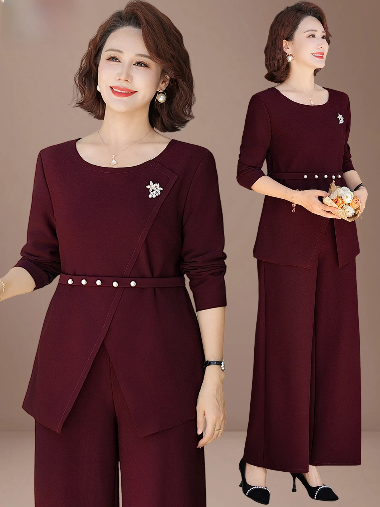 

Stylish Wedding Ensemble for Middle-Aged And Elderly Women Spring Autumn Fashionable Polyester Fiber Long Pants round Neck