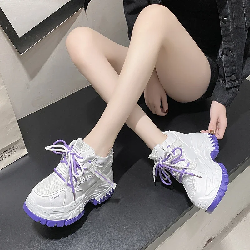 2024 New Spring Women Chunky Sneakers Breathable Mesh Casual Shoes 10CM Wedge Heels Platform Shoes Femme Sports Autumn Dad Shoes