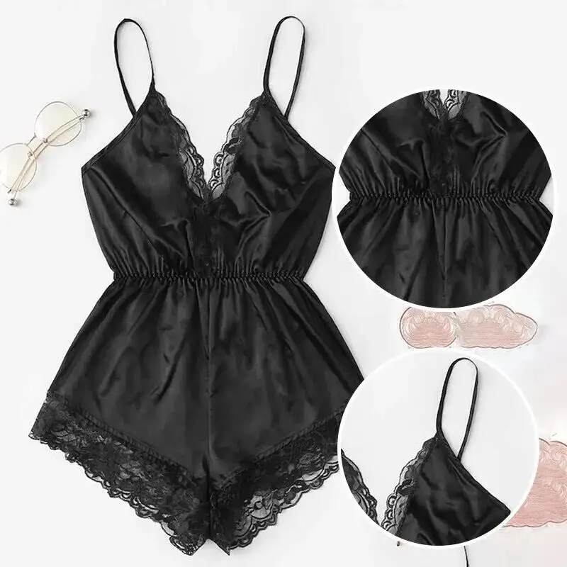 Summer New Sexy Fashion Women Lace Splice Trim Backless Bow Shorts V-Neck Bodysuit Women Sleep Wear Set