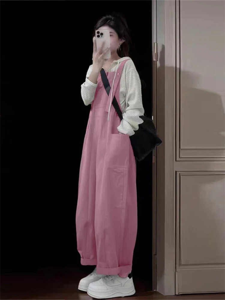 

Early Spring Fashion Set Pink Bib Pants Belly Cover Slimming Youthful Long Sleeve Hooded Top Two Piece Set for Young Women