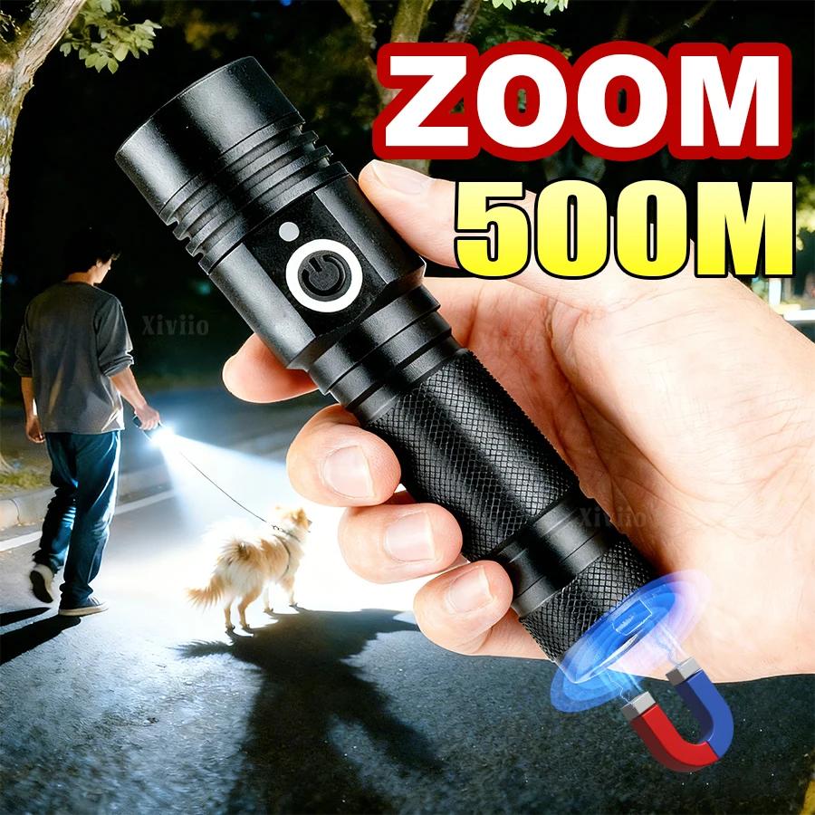 

2026 XHP50 Flashlight Strong Light Rechargeable Torch Telescopic Zoom Portable Handheld Light with Magnetic Hiking Flashlight