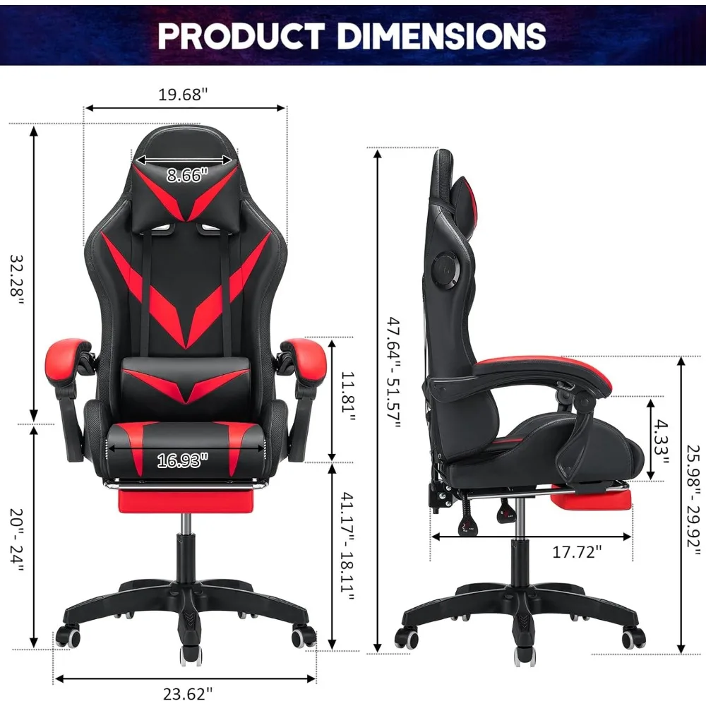 Gaming Chair with Speakers and LED Lights, Massage and Footrest, Adjustable Armrest, Ergonomic Computer Chair