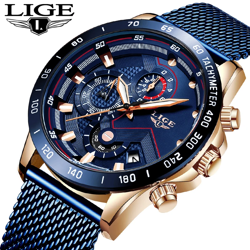 LIGE Top Brand Luxury Quartz Man Watch Fashion Business Mesh Belt Watch for Men Waterproof Luminous Wristwatch Chronograph Clock
