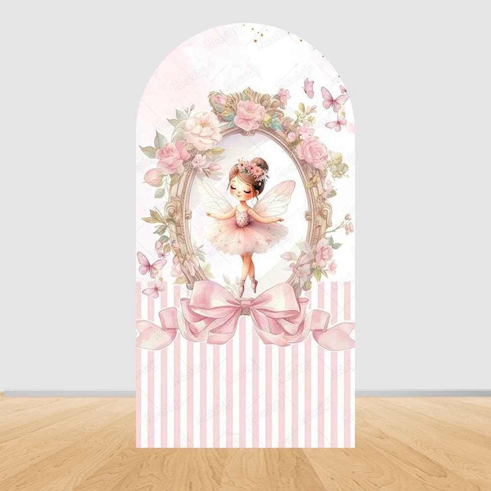 Fairy First Birthday Arch Cover Background Flower Pink Mushroom Door Ballet Girl Baby Shower Party Decor Photo Arch Backdrops - view 3