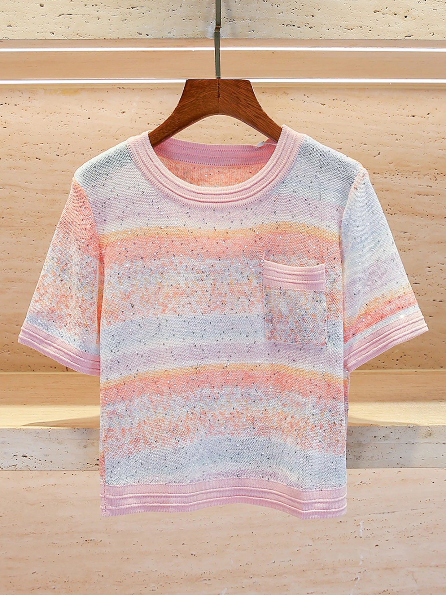 

Вязаный топ с пайетками в радужную полоску, женская футболка ort Sve round Ne Commute Sle, стандартный крой, осеннее новое поступление