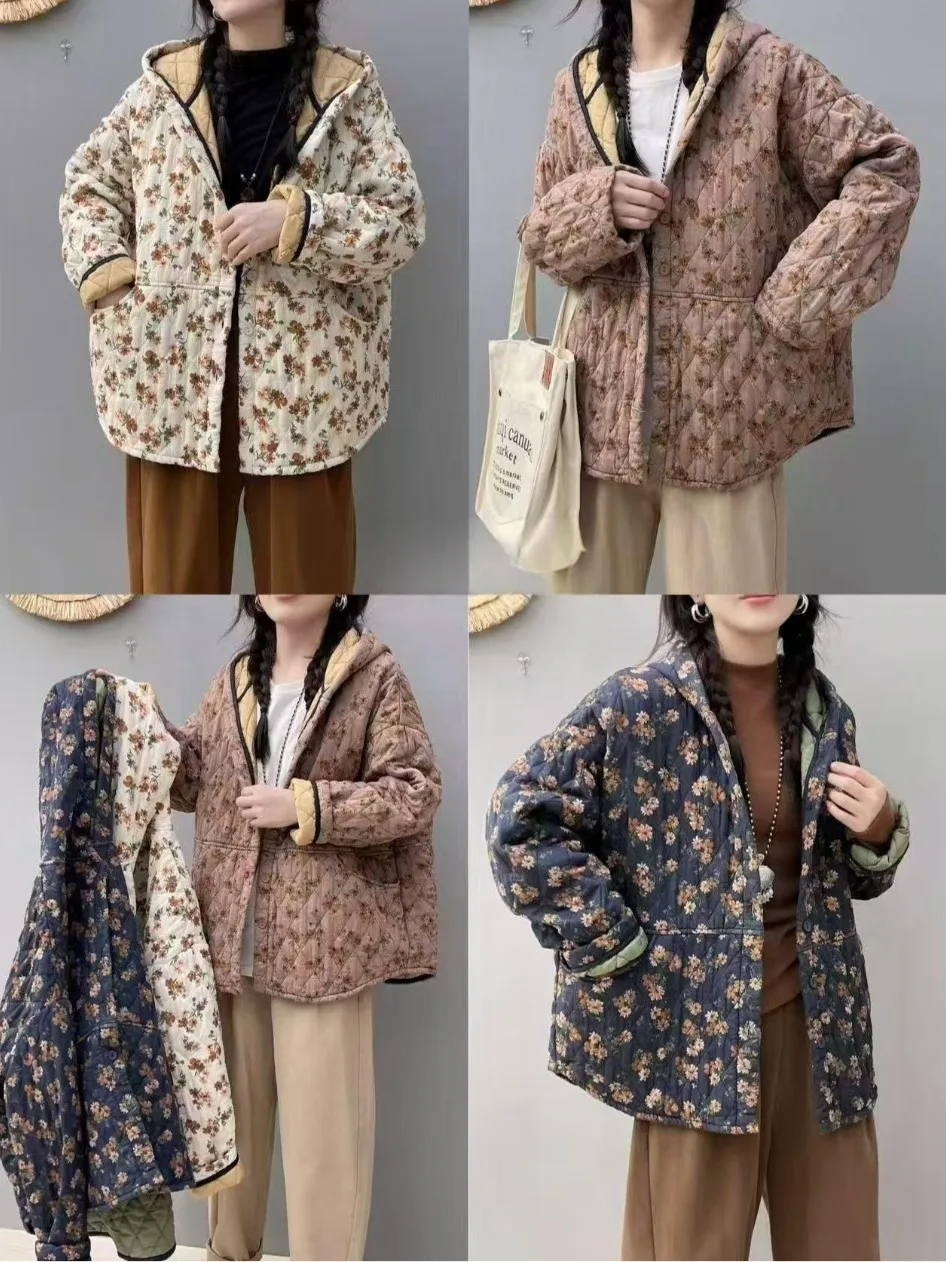 High-End Women's Floral Cotton Jacket Loose Fit Hooded Warm Outerwear Casual Style Thickened Long Sleeve Coat for Autumn Winter