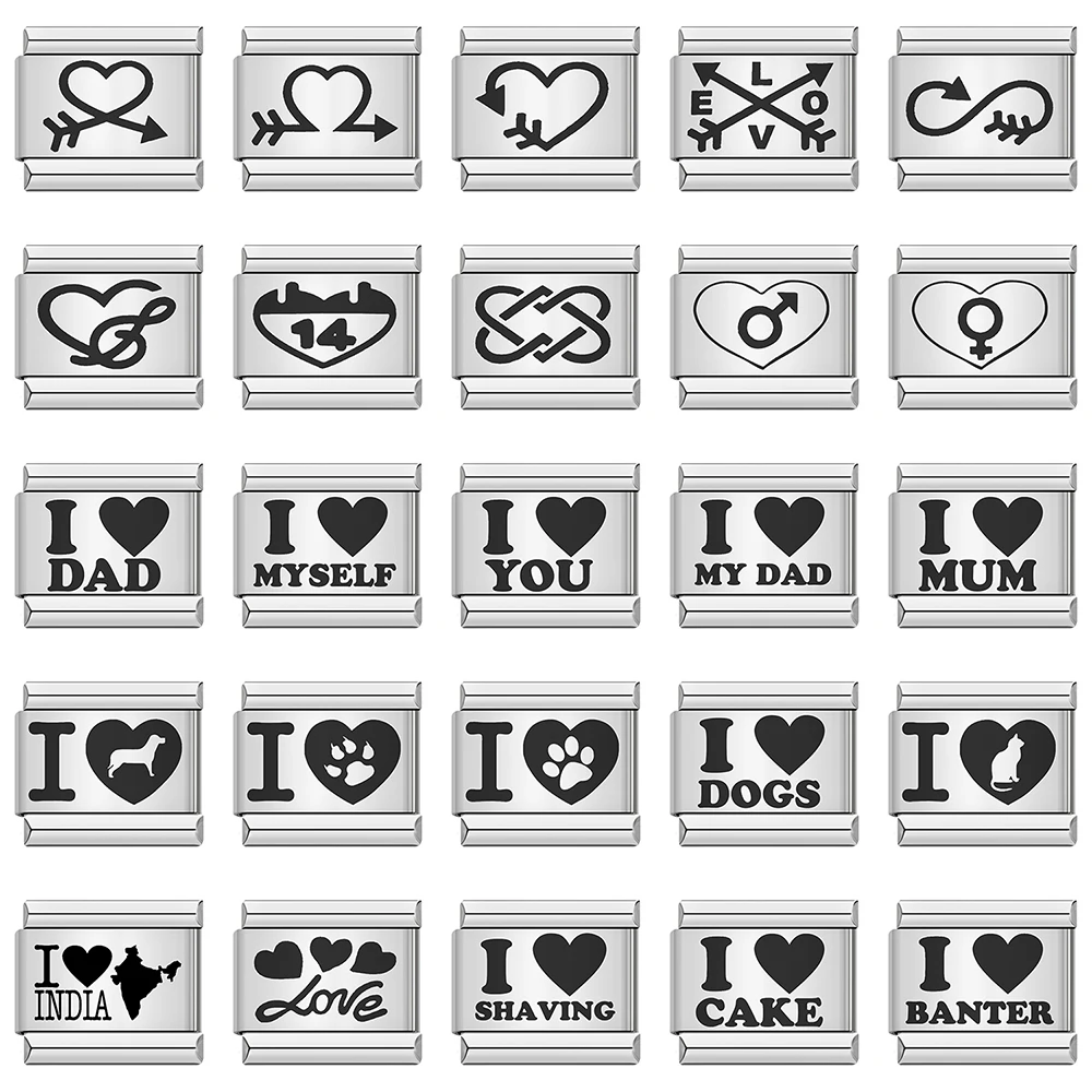 Fashion Romantic Heart I Love Dad Mum You Dogs Links Charm Fit 9mm Bracelet Stainless Steel Valentine's Day Jewelry DIY Making