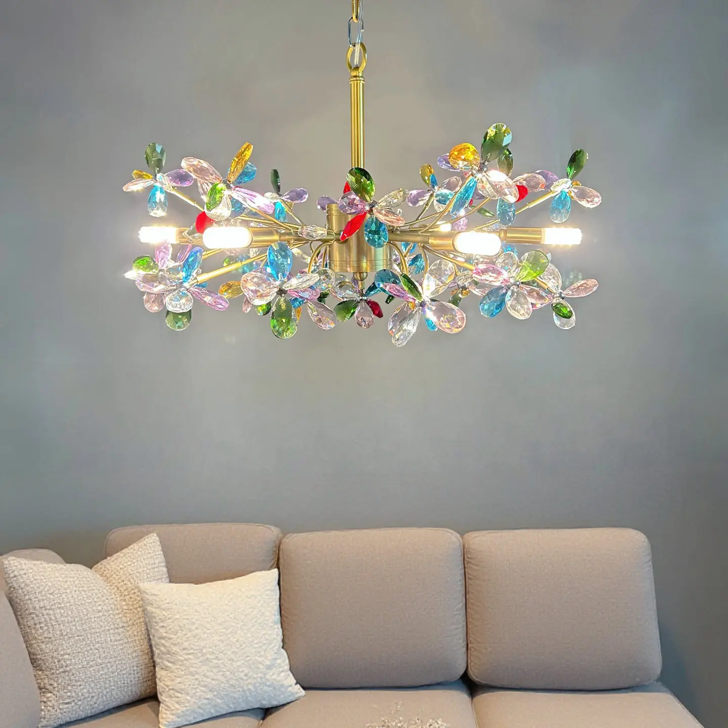 Luxury French Colorful Colored Crystal Flower Pendant Ceiling Light Romantic Living Room Dining Room