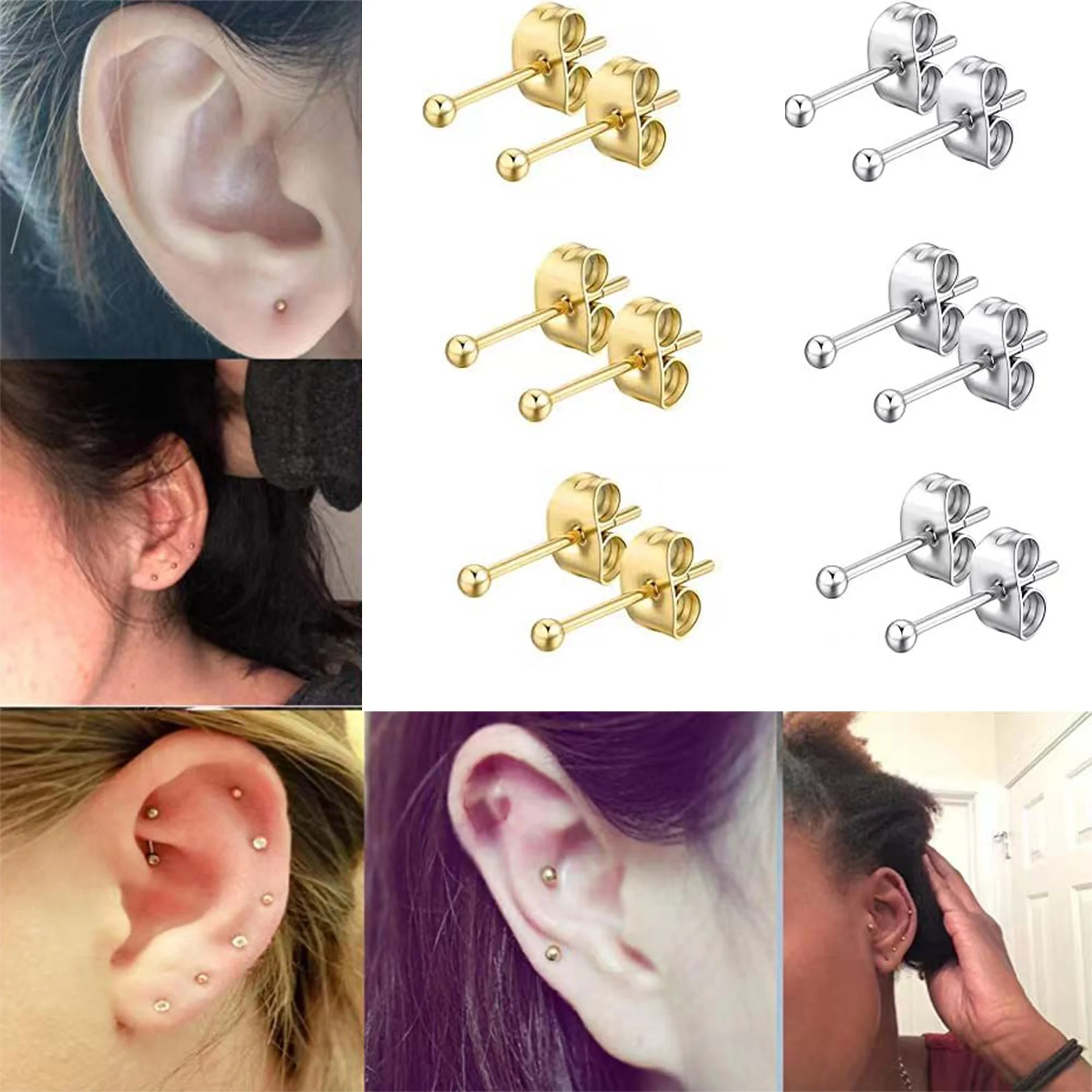 12pcs 2mm To 3mm Stainless Steel Tiny CZ Ball Butterfly Buckle Stud Earrings Hypoallergenic Piercing Jewelry For Men Women