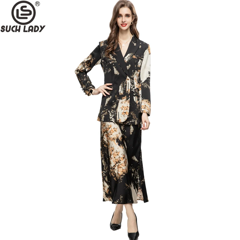 Women's Runway Designer Two Piece Dress Notched Collar Long Sleeves Blazer with Printed Skirt Fashion Twinset Sets