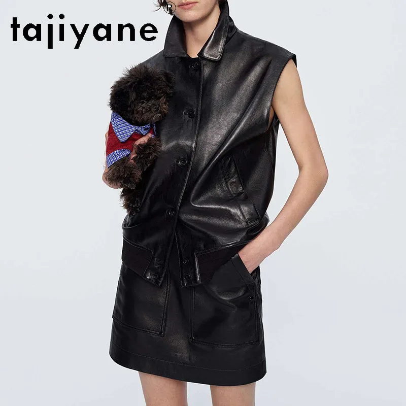 TAJIYANE Oil Wax Sheepskin Waistcoat Genuine Leather Jacket Women Leather Overcoat Oversized Vest Lapel Sleeveless Veste Femme