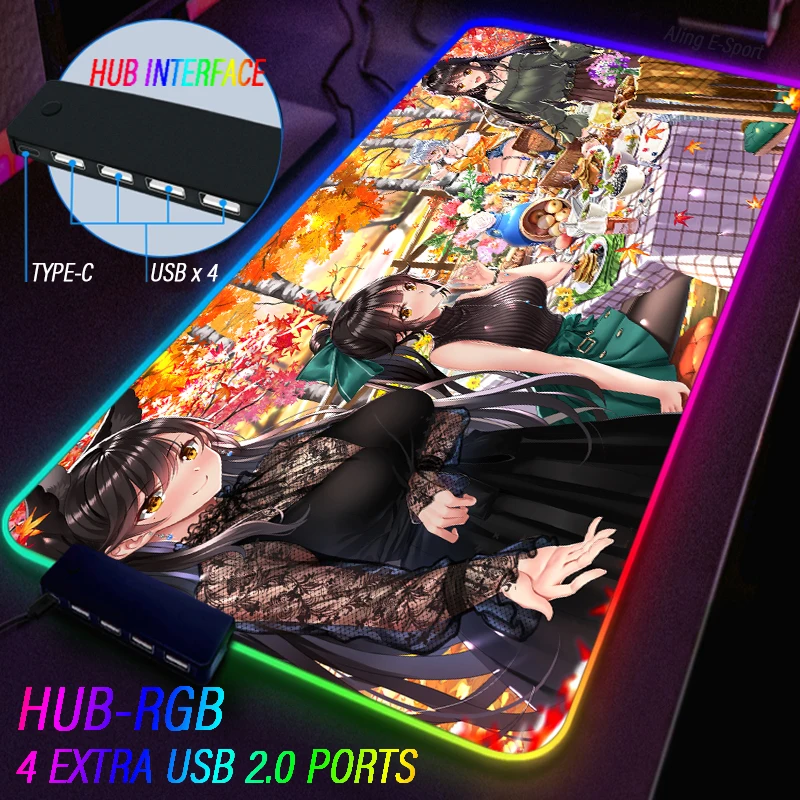 Multiport HUB 4 USB Luminous Mouse Pad Azur Lane Anime Extensible Mat RGB Gaming table Rug Custom Student Writing Carpet