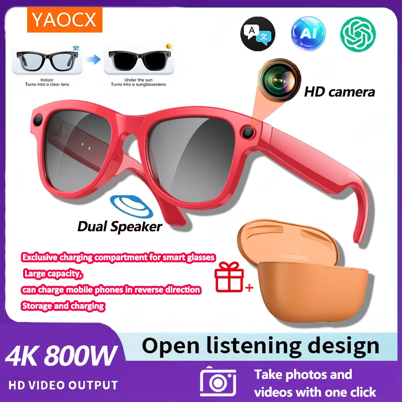 Yaocx AI cámara inteligente Chat GPT traducción Control de voz transmisión WiFi 1200P HD disparo 3600mAh estuche de carga gafas inteligentes