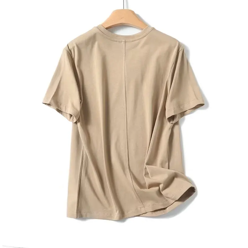 Withered Minimalist khaki Color Short Sleeve Round Neck Tshirts Cotton Summer For 2024 T-shirt Women