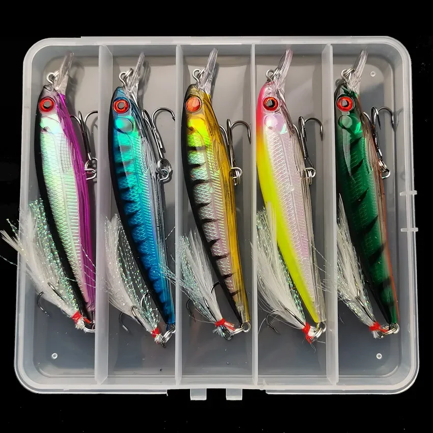 5pcs/box Laser 3D Eyes Bionic Minnow Fishing Lure -13.3g/6.8g Hard Bait with Feather Treble Hooks for Maximum Catch