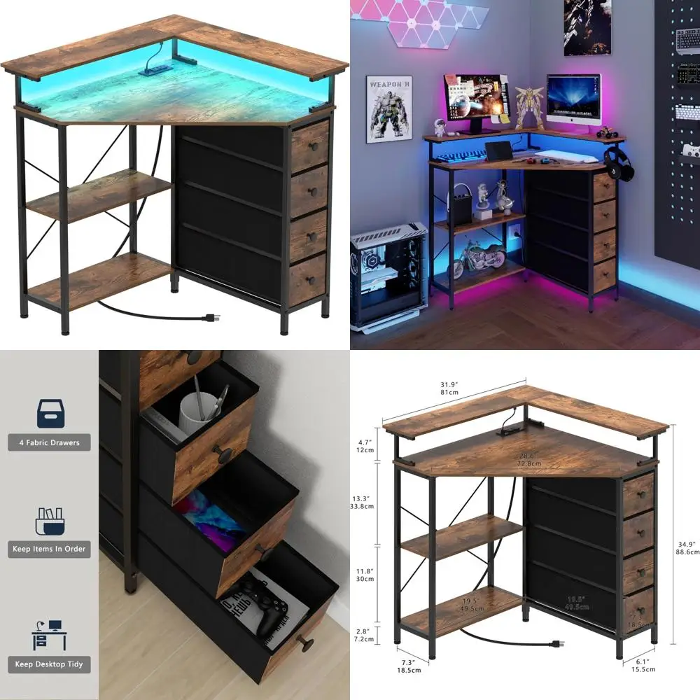 

Compact 90-Degree Triangle Corner Desk with Drawers and Shelves, LED-lit Gaming Desk for Small Spaces with Power Outlets