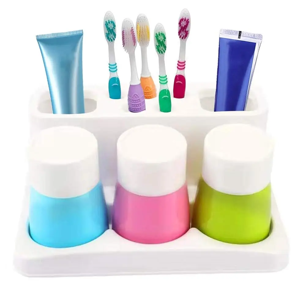

Toothbrush Holder 5 Hole Toothpaste Stand Bathroom Organizer with 3 Rinse cups for Family