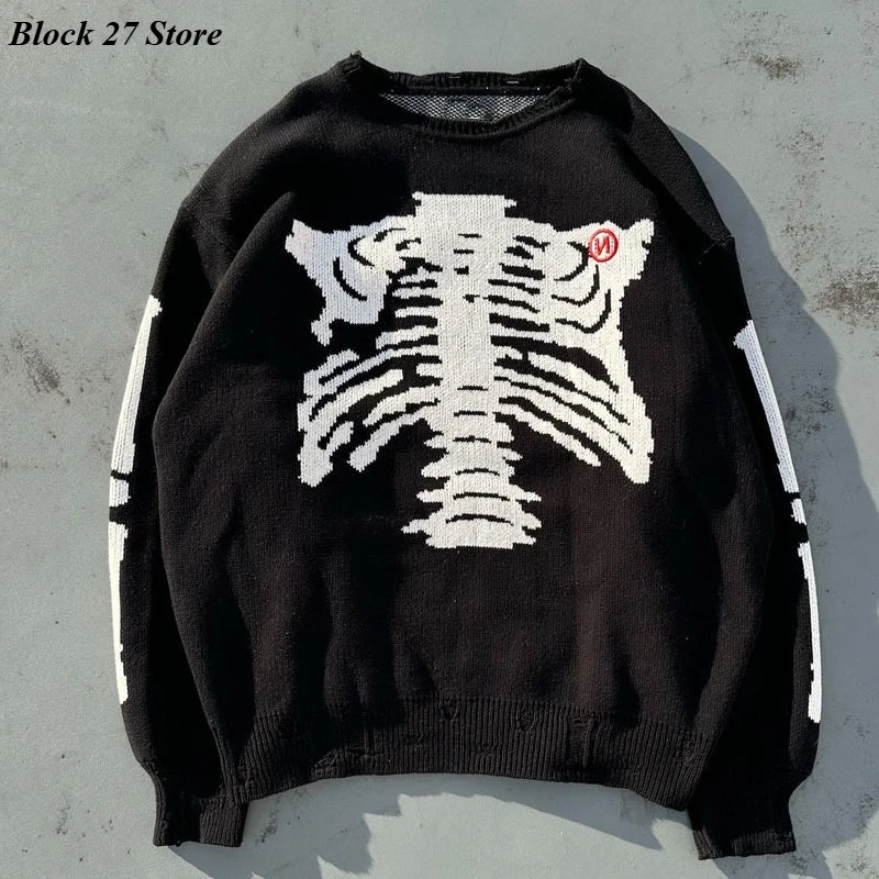 

Mens Skull Sweater Punk Streetwear Black Knit Pullover White Skeleton Jacquard Loose Fit Distressed Long Sleeve Hip Hop Fashion