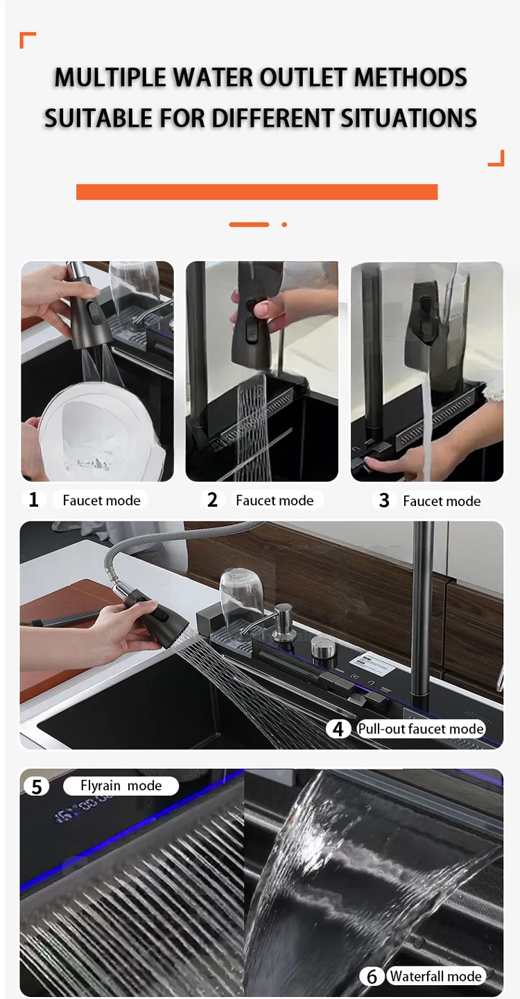 Intelligent Hydropower LED Display Fountain Piano Key Control Handmade Sink Multifunction Waterfall Kitchen Sinks