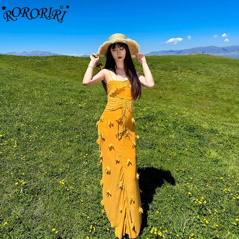 

RORORIRI Fishbone Bustier Dress with 3D Petal Sexy Bodycon Sundress for Beach Vacations Yellow One Piece Strappy Maxi Dress