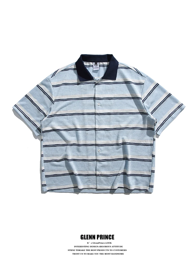 

Летний дизайнерский мужской кардиган с коротким рукавом, в полоску, с цветными вставками, с воротником, укороченный, повседневный, модный