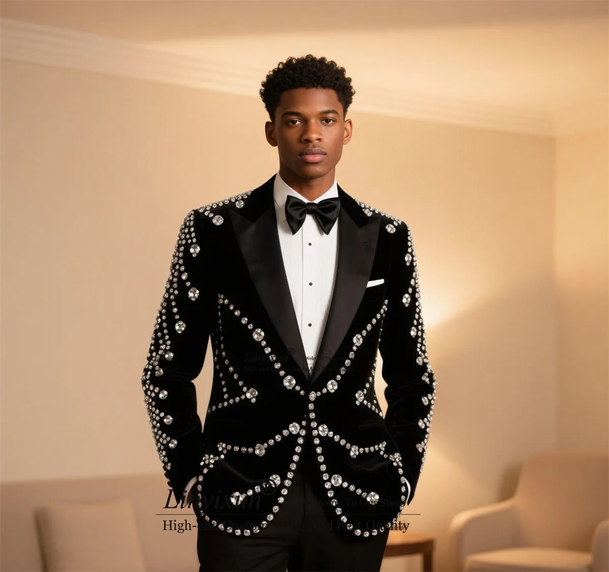 

Sparkly Diamond Crystals Tuxedos Men Suit 2 Pieces Sets Customized Peaked Lapel Groom Male Prom Blazers Slim Wedding ropa hombre